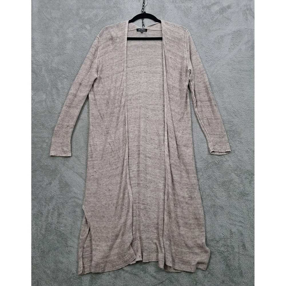 Womens S Beige 100% Linen Long Line Knit Open Front Cardigan Sweater Beachy